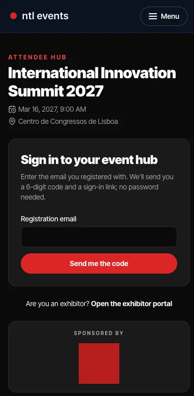 Real NTL Events Attendee Hub sign-in screen on a phone, with the sponsor's logo band