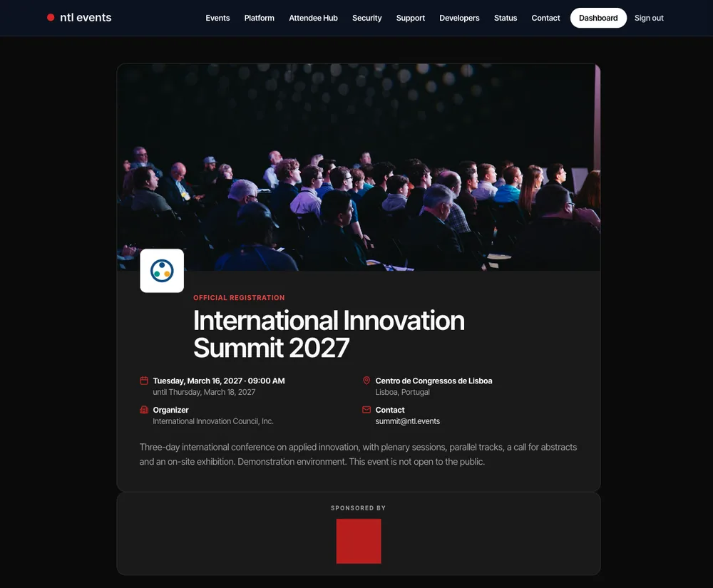 Real NTL Events registration page for a conference, showing the ticket summary and the sponsor's logo band