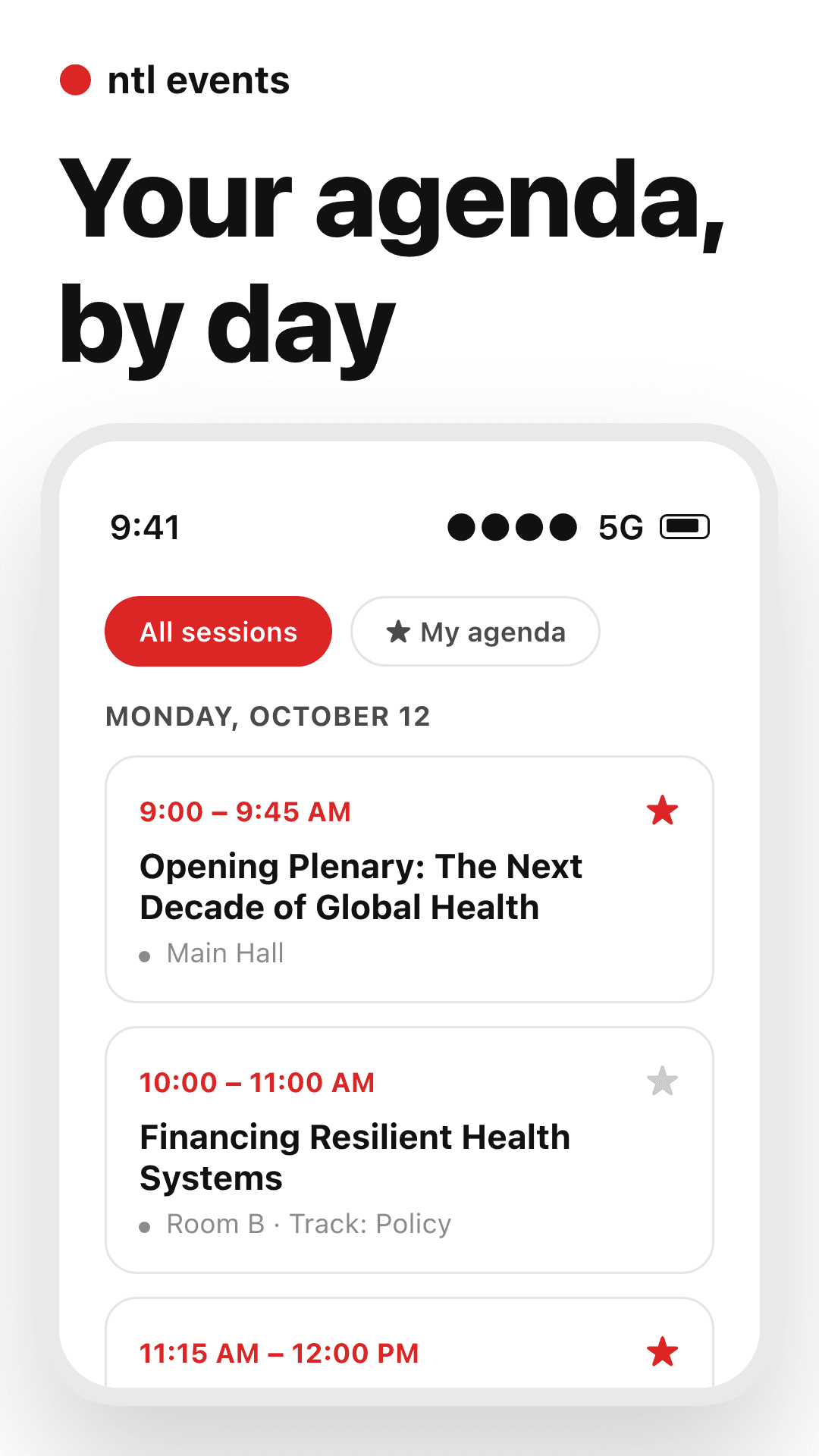 NTL Events app: agenda screen listing conference sessions by day, with a starred session and its room