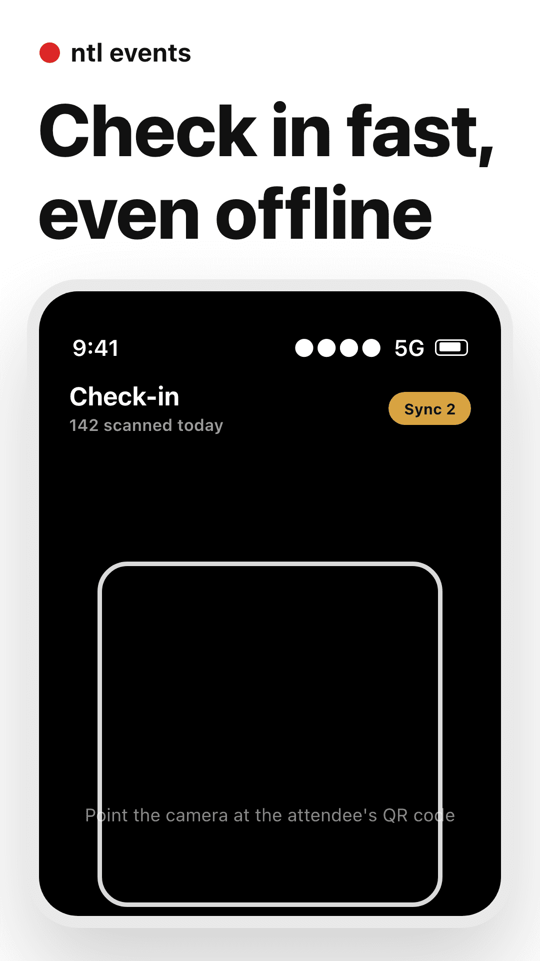 NTL Events app: offline check-in scanner screen with the day's scan count