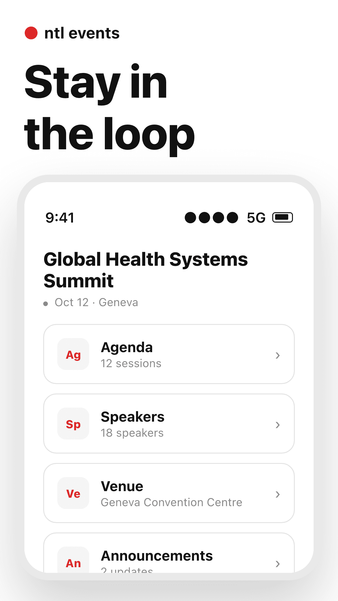 NTL Events app: Attendee Hub screen with agenda, speakers, venue and announcements for a conference