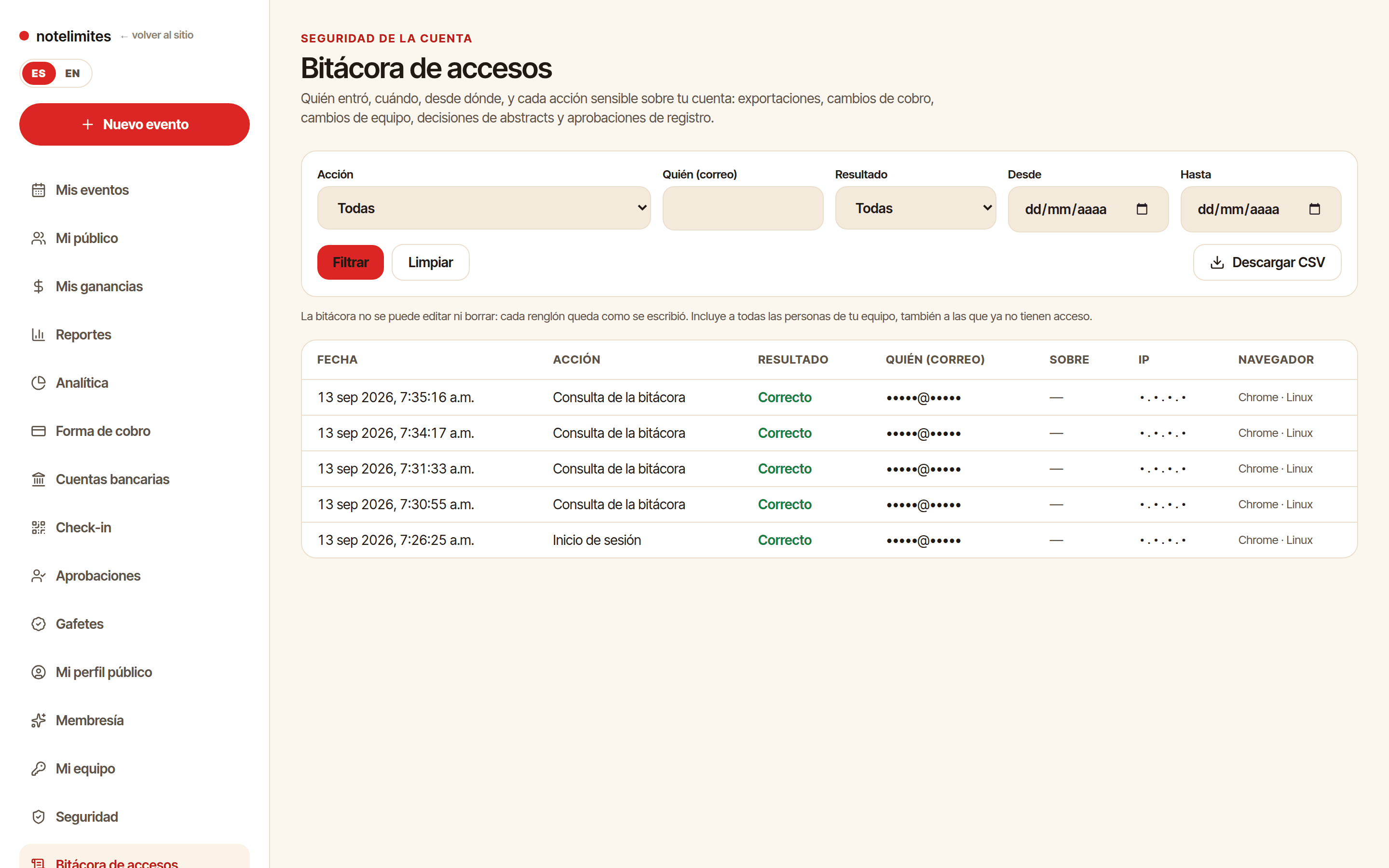 Bitácora de accesos
