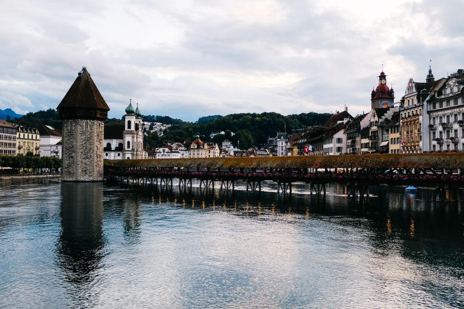 The Chapel Bridge and Water Tower reflected in the Reuss, Lucerne